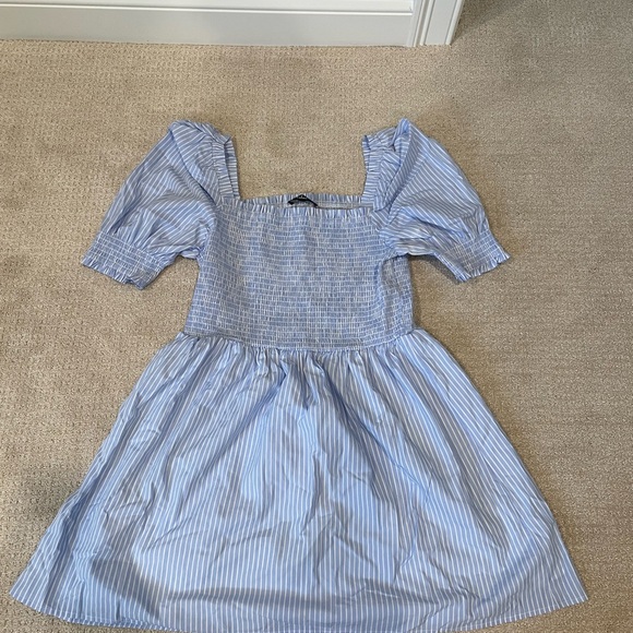 Lulus size M Blue Pinstripe Puff Sleeve Dress - Picture 2 of 4